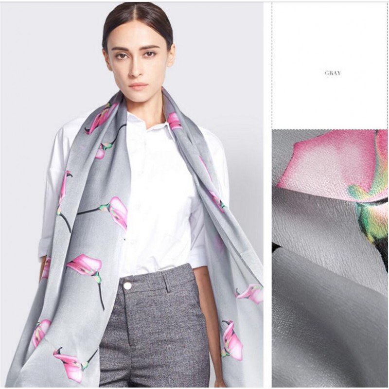 Pure Silk Scarf Gray Print Women Summer Scarf